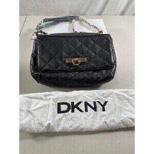 NWT DKNY Black Quilted Flap Crossbody Shoulder Bag Gold Metal Logo w/dust bag